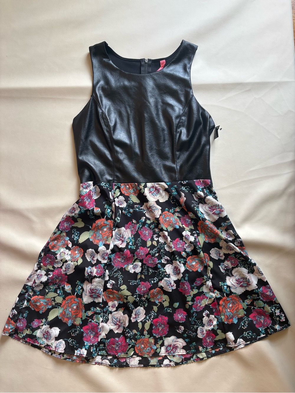 Eight Sixty Black Faux-Leather Bodice Multicolor Floral Skater Dress